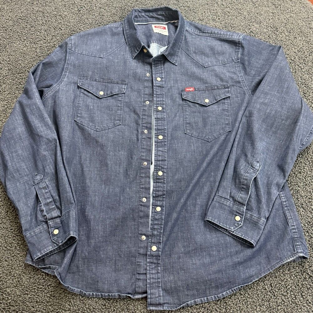 Wrangler Denim Pearl Snap Shirt Mens 2XL blue button up western stretch rodeo